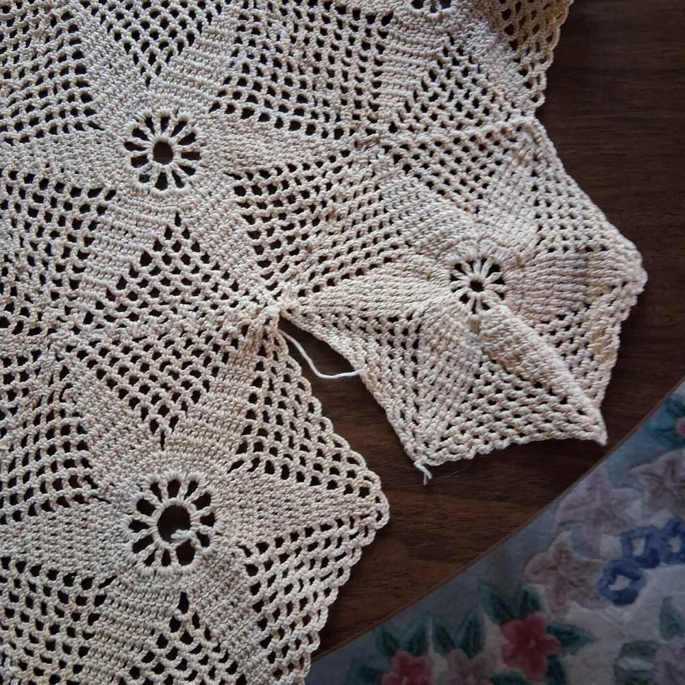Hand Crocheted Ivory Table Runner • Beige Star Motif • Silk Thread Lace • 64